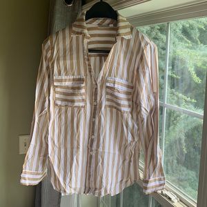 Tan and white striped button down shirt